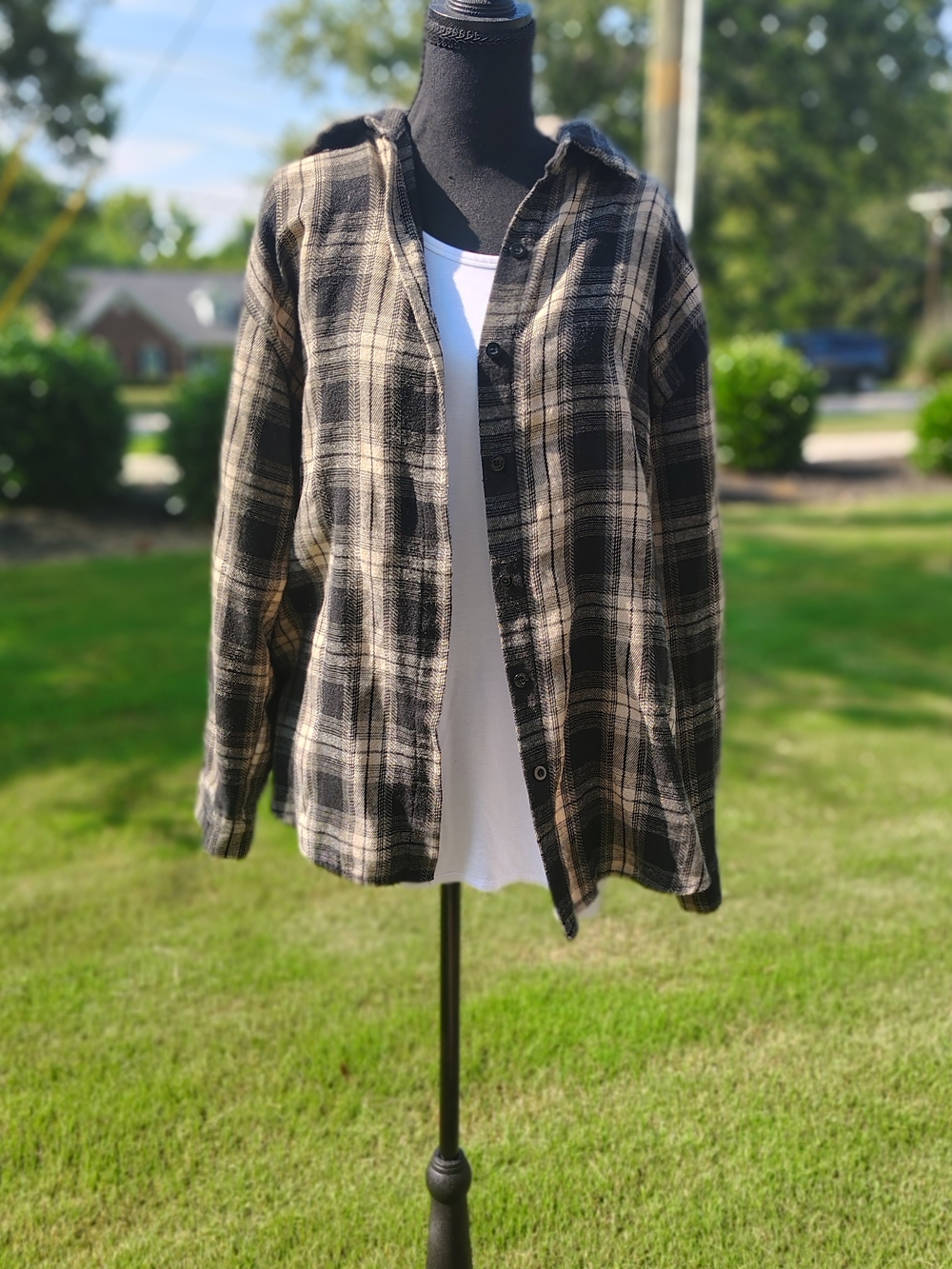 Black and Cream Plaid Button-Up Shirt